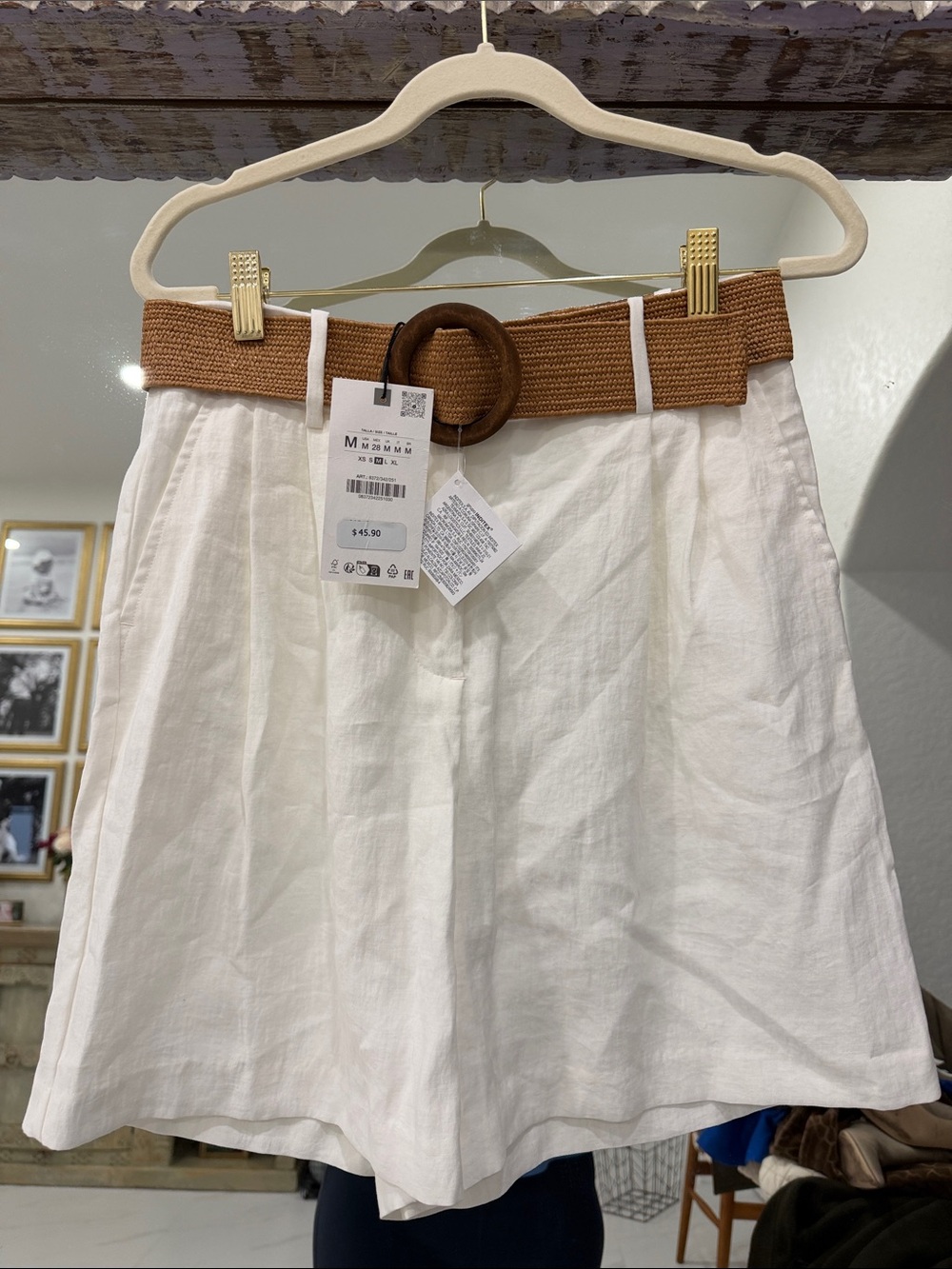 NWT Zara Cream White Bermuda Shorts with Tan Woven Belt